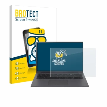 Front side of a product packaging with the brand logo BROTECT. Next to it is the device LG gram 17
