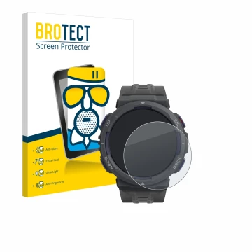 Front side of a product packaging with the brand logo BROTECT. Next to it is the device Amazfit Active Edge shown with the cor