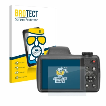 Front side of a product packaging with the brand logo BROTECT. Next to it is the device Kodak Pixpro AZ528 shown with the corr
