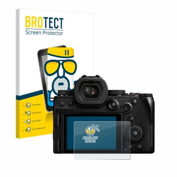 Front side of a product packaging with the brand logo BROTECT. Next to it is the device Panasonic Lumix DC-S5II shown with the