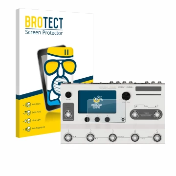 Front side of a product packaging with the brand logo BROTECT. Next to it is the device Hotone Ampero II Stage shown with the 