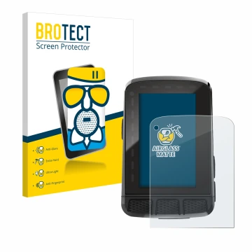 Front side of a product packaging with the brand logo BROTECT. Next to it is the device Wahoo Elemnt Roam V2 GPS shown with th