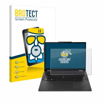 Front side of a product packaging with the brand logo BROTECT. Next to it is the device Lenovo ThinkPad X13 Gen 5 shown with t