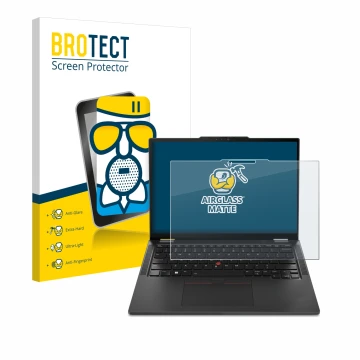 Front side of a product packaging with the brand logo BROTECT. Next to it is the device Lenovo ThinkPad X13 2-in-1 Gen 5 shown