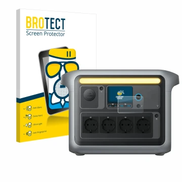 Front side of a product packaging with the brand logo BROTECT. Next to it is the device Anker SOLIX C1000X shown with the corr