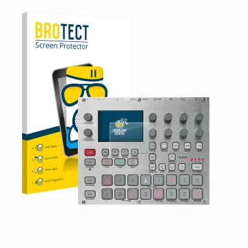 Front side of a product packaging with the brand logo BROTECT. Next to it is the device Elektron Syntakt E25 Remix Edition sho