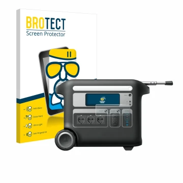 Front side of a product packaging with the brand logo BROTECT. Next to it is the device Anker SOLIX F2000 shown with the corre