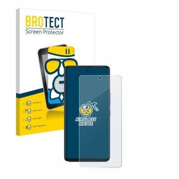 Front side of a product packaging with the brand logo BROTECT. Next to it is the device Infinix GT 20 Pro shown with the corre