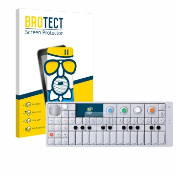 Front side of a product packaging with the brand logo BROTECT. Next to it is the device Teenage Engineering OP-1 Sampler & Con