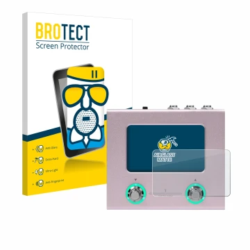 Front side of a product packaging with the brand logo BROTECT. Next to it is the device Hotone Ampero Mini shown with the corr