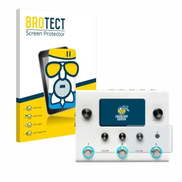 Front side of a product packaging with the brand logo BROTECT. Next to it is the device Hotone Ampero II Stomp shown with the 