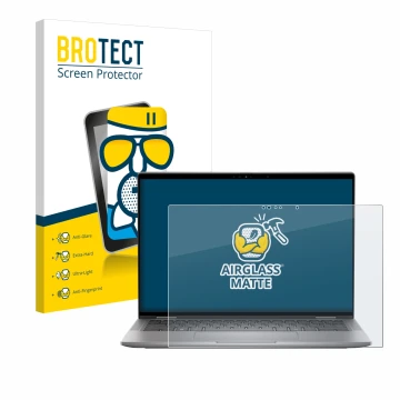 Front side of a product packaging with the brand logo BROTECT. Next to it is the device Dell Latitude 7450 2-in-1 shown with t
