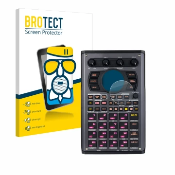 Front side of a product packaging with the brand logo BROTECT. Next to it is the device Roland SP-404MKII shown with the corre