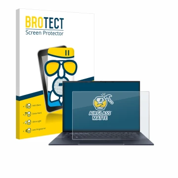 Front side of a product packaging with the brand logo BROTECT. Next to it is the device ASUS ExpertBook B9 B9403 shown with th