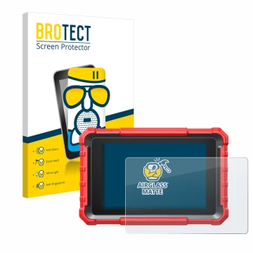 Front side of a product packaging with the brand logo BROTECT. Next to it is the device Launch X-431 PROS Elite shown with the