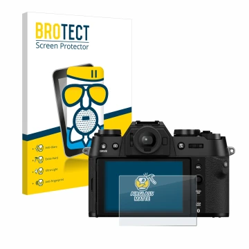 Front side of a product packaging with the brand logo BROTECT. Next to it is the device Fujifilm X-T50 shown with the correspo