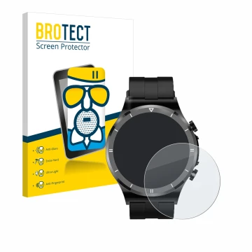 Front side of a product packaging with the brand logo BROTECT. Next to it is the device Sanorum Smartwatch 1.39