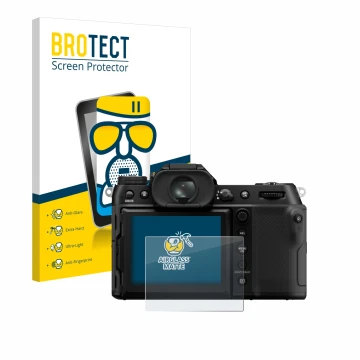 Front side of a product packaging with the brand logo BROTECT. Next to it is the device Fujifilm GFX100S II shown with the cor