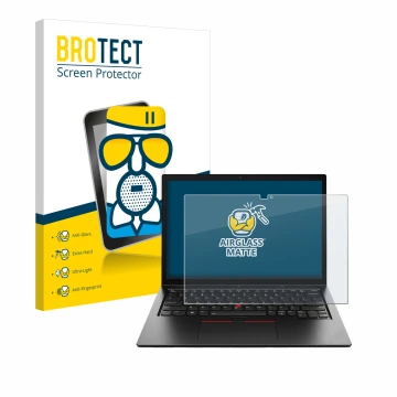 Front side of a product packaging with the brand logo BROTECT. Next to it is the device Lenovo ThinkPad L13 2-in-1 Gen 5 shown