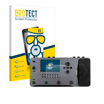 Front side of a product packaging with the brand logo BROTECT. Next to it is the device Mooer GE1000 shown with the correspond