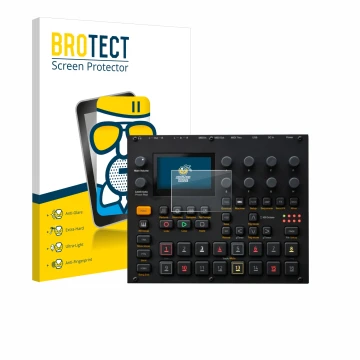 Front side of a product packaging with the brand logo BROTECT. Next to it is the device Elektron Digitakt II shown with the co