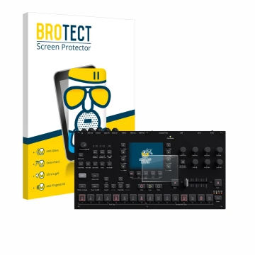 Front side of a product packaging with the brand logo BROTECT. Next to it is the device Elektron Octatrack MKII shown with the