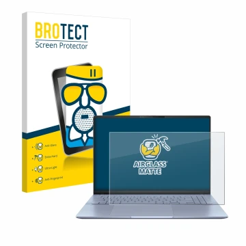 Front side of a product packaging with the brand logo BROTECT. Next to it is the device ASUS Vivobook S16 OLED S5606 shown wit