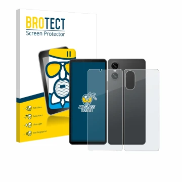 Front side of a product packaging with the brand logo BROTECT. Next to it is the device Sony Xperia 10 VI (Front+Back) shown w