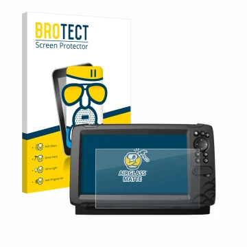 Front side of a product packaging with the brand logo BROTECT. Next to it is the device Lowrance HOOK Reveal 9 shown with the 