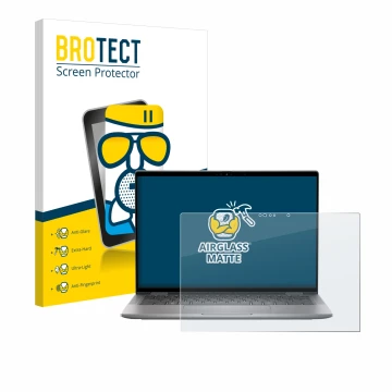 Front side of a product packaging with the brand logo BROTECT. Next to it is the device Dell Latitude 7350 2-in-1 shown with t
