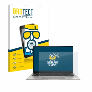 Front side of a product packaging with the brand logo BROTECT. Next to it is the device ASUS ZenBook S 13 OLED UX5304 shown wi