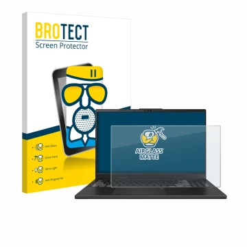 Front side of a product packaging with the brand logo BROTECT. Next to it is the device ASUS VivoBook Pro 15 OLED N6506 shown 