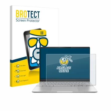 Front side of a product packaging with the brand logo BROTECT. Next to it is the device ASUS Vivobook S 14 OLED M5406 shown wi