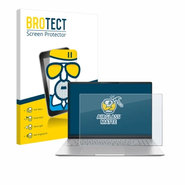 Front side of a product packaging with the brand logo BROTECT. Next to it is the device ASUS Vivobook S16 OLED M5606 shown wit