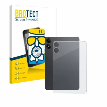 Front side of a product packaging with the brand logo BROTECT. Next to it is the device Xiaomi Redmi Pad Pro (Back) shown with
