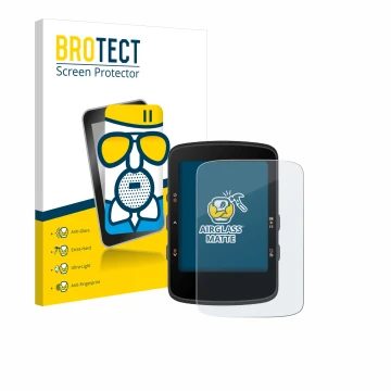 Front side of a product packaging with the brand logo BROTECT. Next to it is the device Bryton Rider 460 shown with the corres