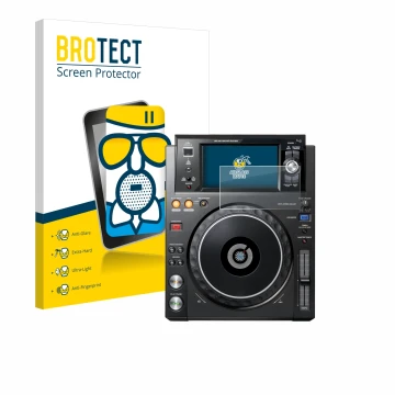 Front side of a product packaging with the brand logo BROTECT. Next to it is the device Pioneer XDJ -1000MK2 shown with the co