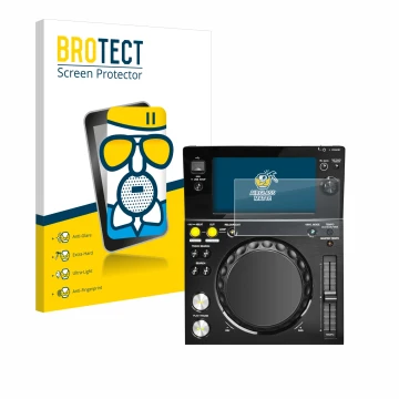 Front side of a product packaging with the brand logo BROTECT. Next to it is the device Pioneer XDJ -700 shown with the corres