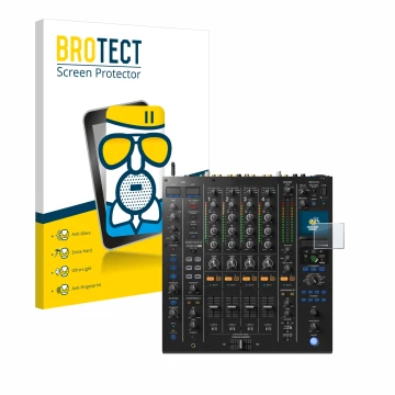 Front side of a product packaging with the brand logo BROTECT. Next to it is the device Pioneer DJM A9 shown with the correspo