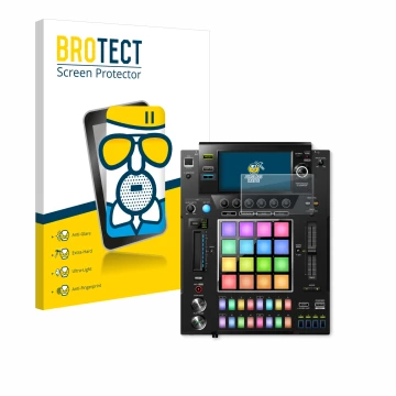 Front side of a product packaging with the brand logo BROTECT. Next to it is the device Pioneer DJS -1000 shown with the corre