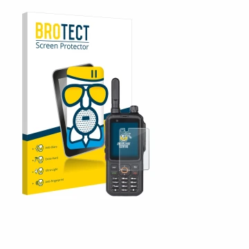 Front side of a product packaging with the brand logo BROTECT. Next to it is the device Inrico T320 shown with the correspondi