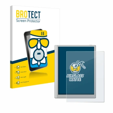 Front side of a product packaging with the brand logo BROTECT. Next to it is the device Boox Go 10.3 shown with the correspond