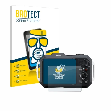 Front side of a product packaging with the brand logo BROTECT. Next to it is the device Ricoh Pentax WG-1000 shown with the co
