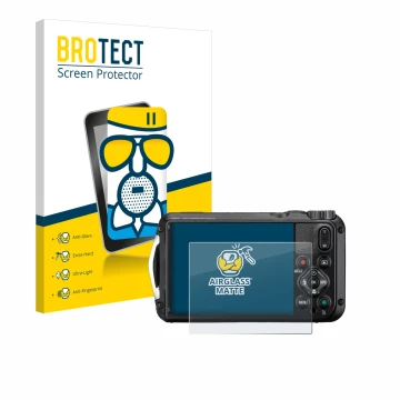 Front side of a product packaging with the brand logo BROTECT. Next to it is the device Ricoh Pentax WG-8 shown with the corre