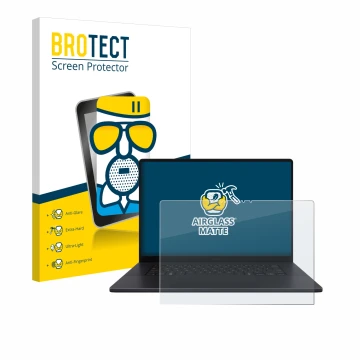 Front side of a product packaging with the brand logo BROTECT. Next to it is the device ASUS ProArt P16 shown with the corresp