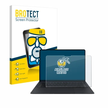 Front side of a product packaging with the brand logo BROTECT. Next to it is the device Huawei MateBook X Pro 2024 shown with 