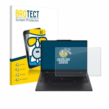 Front side of a product packaging with the brand logo BROTECT. Next to it is the device Lenovo ThinkPad T14s Gen 6 shown with 