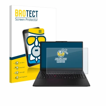 Front side of a product packaging with the brand logo BROTECT. Next to it is the device Lenovo ThinkPad P16s Gen 3 shown with 