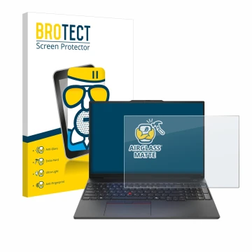 Front side of a product packaging with the brand logo BROTECT. Next to it is the device Lenovo ThinkPad E16 Gen 2 shown with t