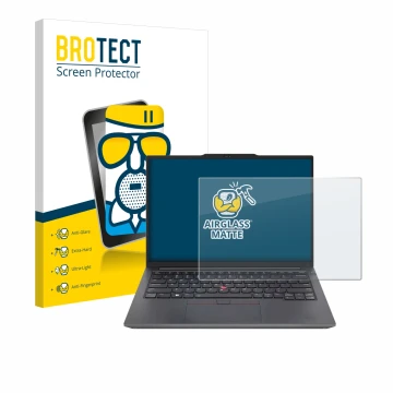 Front side of a product packaging with the brand logo BROTECT. Next to it is the device Lenovo ThinkPad E14 Gen 6 shown with t